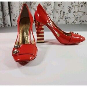 Marc by Marc Jacobs Women’s Size 9.5 Orange Patent Leather Peep Toe Heel Striped